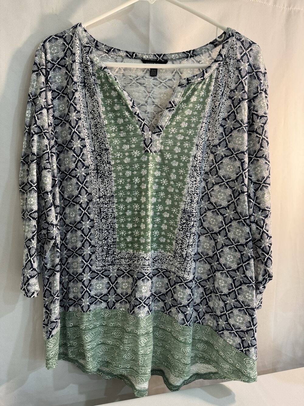 Lucky Brand Womens 1X Blue Green Geometric Medallion Boho Knit Split Neck Top